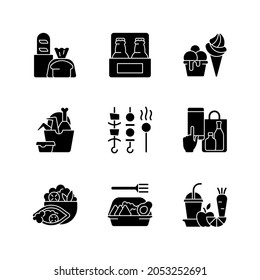 Pickup and delivery option black glyph icons set on white space. Bakery products. Beer. Ice cream. Chicken wings and legs bucket. Shish kebabs. Silhouette symbols. Vector isolated illustration
