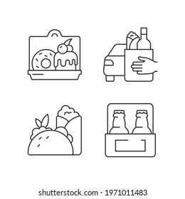 Pickup and delivery option linear icons set. Cakes and desserts. Food curbside pickup. Burritos, tacos. Customizable thin line contour symbols. Isolated vector outline illustrations. Editable stroke