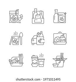 Pickup and delivery option linear icons set. Slushy drinks. Wine, beer, spirits. Thick, creamy soups. Customizable thin line contour symbols. Isolated vector outline illustrations. Editable stroke