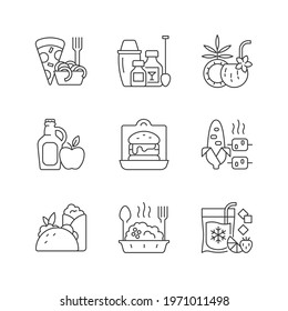 Pickup and delivery option linear icons set. Pizza, pasta. Cocktail kit. Pina colada. Cider, apple juice. Customizable thin line contour symbols. Isolated vector outline illustrations. Editable stroke