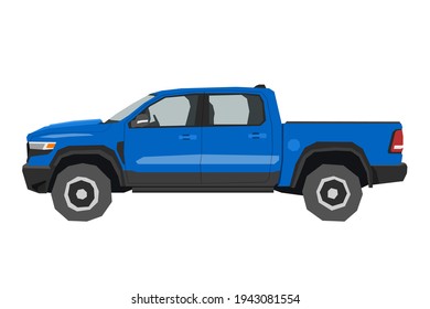 Pickup drawing. Off-road car in cartoon style. Isolated vehicle art for kids bedroom decor. Side view of blue SUV. Truck for nursery decor. Vector illustration