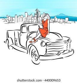 Pickup and Girl in Front of Seattle Panorama, Vector Outline Sketch