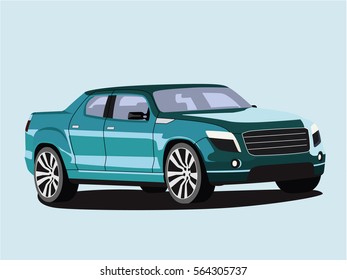 Pickup green realistic vector illustration isolated blue background