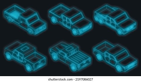 Pickup icons set. Isometric set of pickup vector icons neon color on black