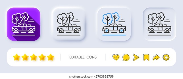 Icono de línea de recolección. Neumórfico, Sombra plana, Botones 3D. Señal de transporte de tránsito. Símbolo de coche de viaje. Icono de recogida de línea. Iconos de redes sociales. Vector