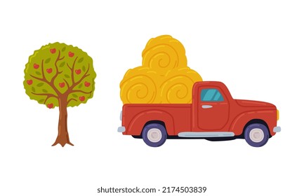 Pickup loaded with hay bales and fruit tree cartoon vector illustration