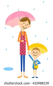 Pick-up on a rainy day, family, parents and children