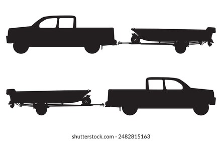 A pickup is pulling a boat on a trailer to a fishing destination in silhouette