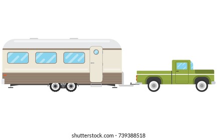 Pickup pulls the house on wheels on a white background. House-trailer. Vector illustration