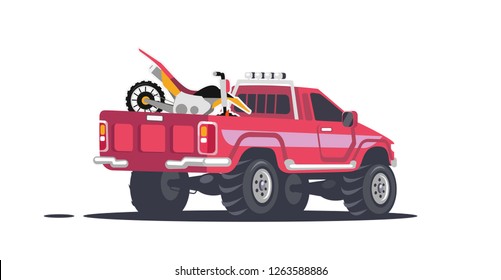 Pickup with sports motorcycles. Pickup car and motorcycle for motocross racing transported in the back. Transfer of equipment and inventory team sports motorsports. Vector cartoon illustration