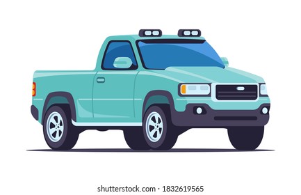 Pickup SUV for off-road driving. Front and left view. Illustration in flat vector style. White isolated background.