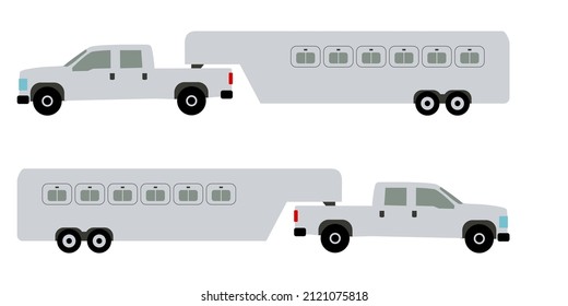 Pickup tows horses trailer. Simplified icon, isolated on white background.  Trailer follows in both directions.