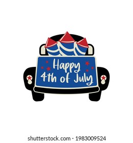 Pickup truck back and lettering Happy 4th of July. Patriotic truck with firecrackers. Retro farm truck  t shirt design to celebrate 4th of july independence day. Vector illustration.