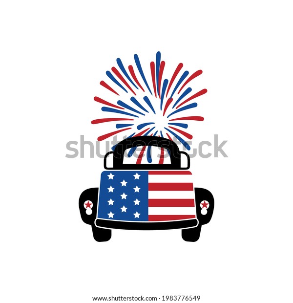 Pickup truck back. Patriotic truck with\
Fireworks. Retro farm truck  t shirt design to celebrate 4th of\
july independence day. Vector\
illustration.