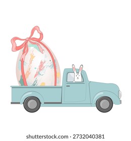 Pickup truck with a big Easter egg and funny bunny driver. Vector Illustration Isolated on white background.