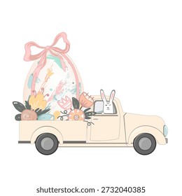 Camioneta con un gran huevo de Pascua decorado con un arco y flores, y divertido conductor de conejito. Ilustración vectorial aislada sobre fondo blanco