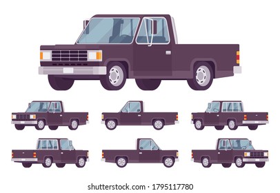 Pickup truck black set with cab and open cargo area. Large passenger van car, commercial vehicle for country travel or city delivery business. Vector flat style cartoon illustration, different views