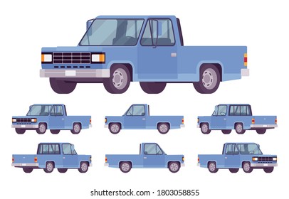 Pickup Truck Blue Set With Cab And Open Cargo Area. Large Passenger Van Car, Commercial Vehicle For Country Travel Or City Delivery Business. Vector Flat Style Cartoon Illustration, Different Views