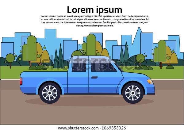 Pickup Truck Blue Vehicle On Road Over City\
Buildings Background With Copy\
Space