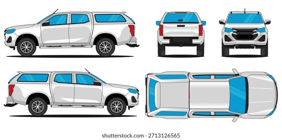 Vetor de carro de dossel de caminhão de coleta. Pickup canopy carro maquete ilustração de Truck Canopy. Isolado no fundo branco. Com vistas laterais, frontais, traseiras e superiores