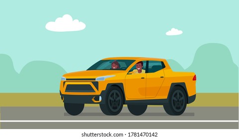 Pickup truck car with a afro american man and woman driving on a background. Vector flat style illustration.