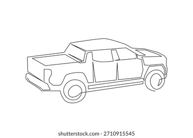 Carro de caminhão de coleta em desenho contínuo de uma linha. Ilustração de arte de linha única de Pick Up Truck. Vetor editável.