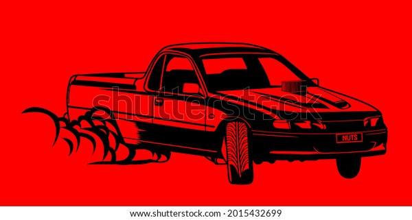 Pickup truck car doing burnout\
vector line art black outline in red background editable\
file