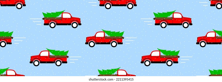A pickup truck carries a Christmas tree on a background of falling snow, seamless pattern.
