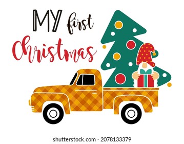 Pickup truck carrying Chrismas tree and gnome with presents, vector illustration