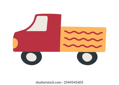 Pickup Truck. Children drawing. Isolated on white background personal red Transport. Cargo transportation by Car. Farm Auto. Colored doodle, scribble. Side view. Toy for children. Vector illustration