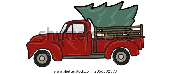 Pickup truck with Christmas tree. Hand drawn\
pickup with tree. New year day poster. Doodle style. Christmas tree\
in the car. Vector