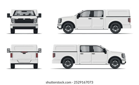 Pickup truck with closed body white lorry transportation front back side view realistic vector illustration. Cargo and passenger transport mockup vehicle automobile commercial shipping driving service