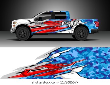 Pickup truck decal wrap design vector. Graphic abstract stripe racing background kit designs for wrap vehicle, race car, rally, adventure and livery