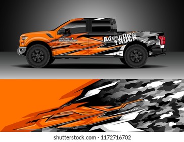 Pickup truck decal wrap design vector. Graphic abstract stripe racing modern camouflage background kit designs for wrap vehicle, race car, speed offroad, rally, adventure and livery