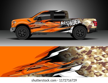 Pickup truck decal wrap design vector. Graphic abstract stripe racing modern camouflage background kit designs for wrap vehicle, race car, speed offroad, rally, adventure and livery