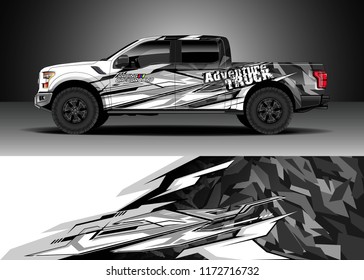 Pickup truck decal wrap design vector. Graphic abstract stripe racing modern camouflage background kit designs for wrap vehicle, race car, speed offroad, rally, adventure and livery