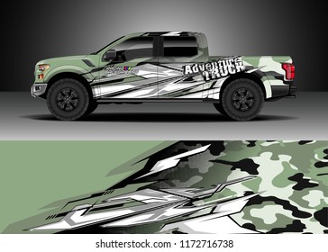 Pickup truck decal wrap design vector. Graphic abstract stripe racing modern camouflage background kit designs for wrap vehicle, race car, speed offroad, rally, adventure and livery