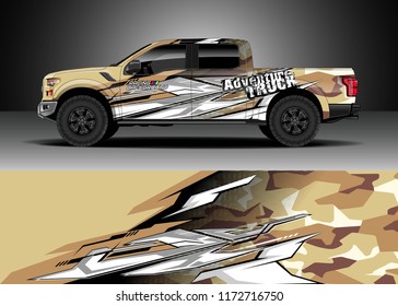 Pickup truck decal wrap design vector. Graphic abstract stripe racing modern camouflage background kit designs for wrap vehicle, race car, speed offroad, rally, adventure and livery