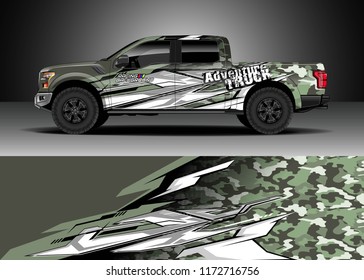 Pickup truck decal wrap design vector. Graphic abstract stripe racing modern camouflage background kit designs for wrap vehicle, race car, speed offroad, rally, adventure and livery