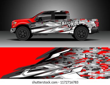 Pickup truck decal wrap design vector. Graphic abstract stripe racing modern camouflage background kit designs for wrap vehicle, race car, speed offroad, rally, adventure and livery