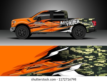 Pickup truck decal wrap design vector. Graphic abstract stripe racing modern camouflage background kit designs for wrap vehicle, race car, speed offroad, rally, adventure and livery