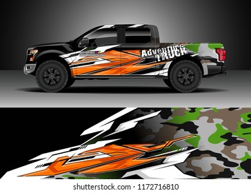 Pickup truck decal wrap design vector. Graphic abstract stripe racing modern camouflage background kit designs for wrap vehicle, race car, speed offroad, rally, adventure and livery