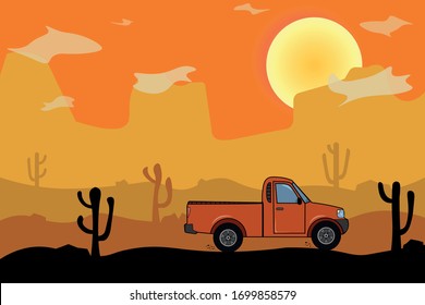 Pickup truck in the desert.Sunset in the desert. Pickup rides through the desert. Flat illustration. Hand-drawn picture, side view. Children's background. Adventure background.