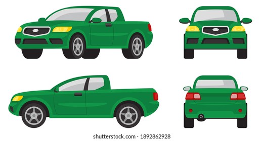 Pickup truck in different angles. Green automobile in cartoon style.