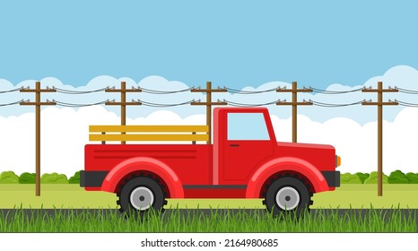 Pickup Truck Driving On A Countryside During Summer Season. Retro Farming Vehicles For Transportation And Hauling Production. Car, Rural Road And Electric Poles. Vector Illustration