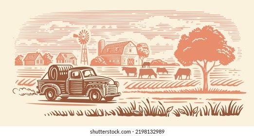 Pickup truck and Farming landscape. Farm with barn drawing