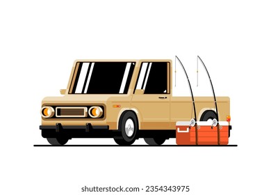 Pickup truck with fishing rod, handheld ice cooler box on isolated background, Vector illustration.