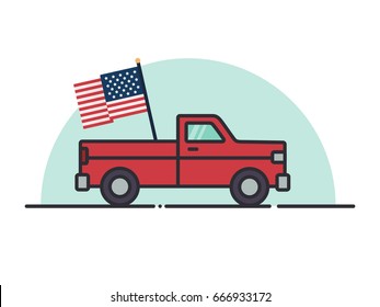 Pickup truck in flat style with American flag