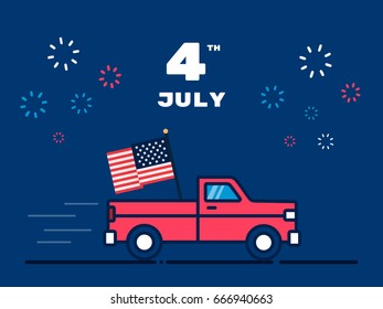 Pickup truck in flat style with the American flag, independence day - 4 th July