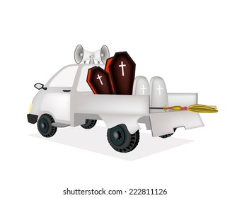 A Pickup Truck Full with Vampire Coffins, Gravestone and Wicked Broom Send for Celebrations of Halloween. 
